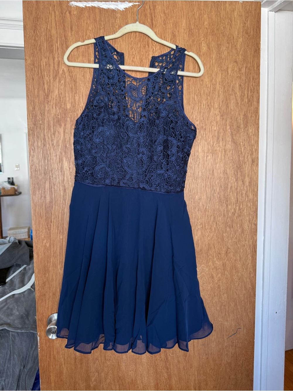Aidan Mattox Navy Lace Bodice Chiffon Party Dress